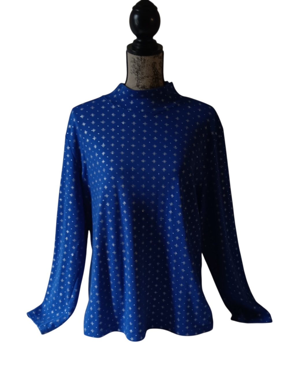 Karen Scott women's blue long-sleeve silver star holiday mock neck top size XXL